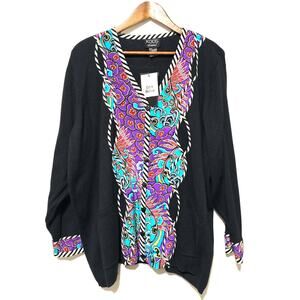 KOOS of Course Sweater Cardigan Silk Artsy Pockets Black Women's Size 2X NWT